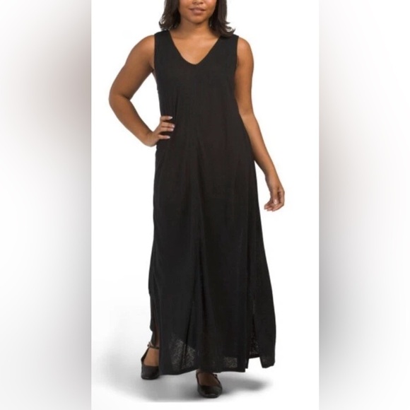 C&C CALIFORNIA Black Beauty Linen Blend Curved Yoke Maxi Dress Sz Small - Picture 1 of 5